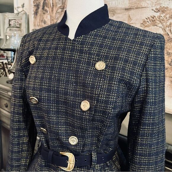 Vintage Woward Wolf Navy & Gold Metallic Tweed Blazer size 8 - Picture 2 of 11